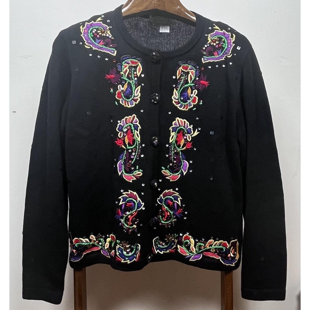 Jack B. Quick Cardigan L Black Paisley Embroidered Sequin Whimsigoth Cottagecore